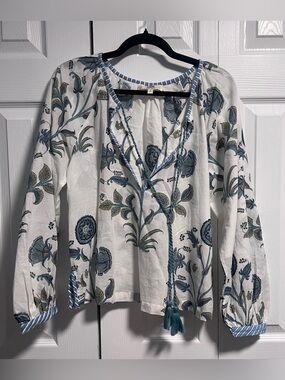 NIBI-MTK Printed Long Sleeved Blouse With Neckline Tassels